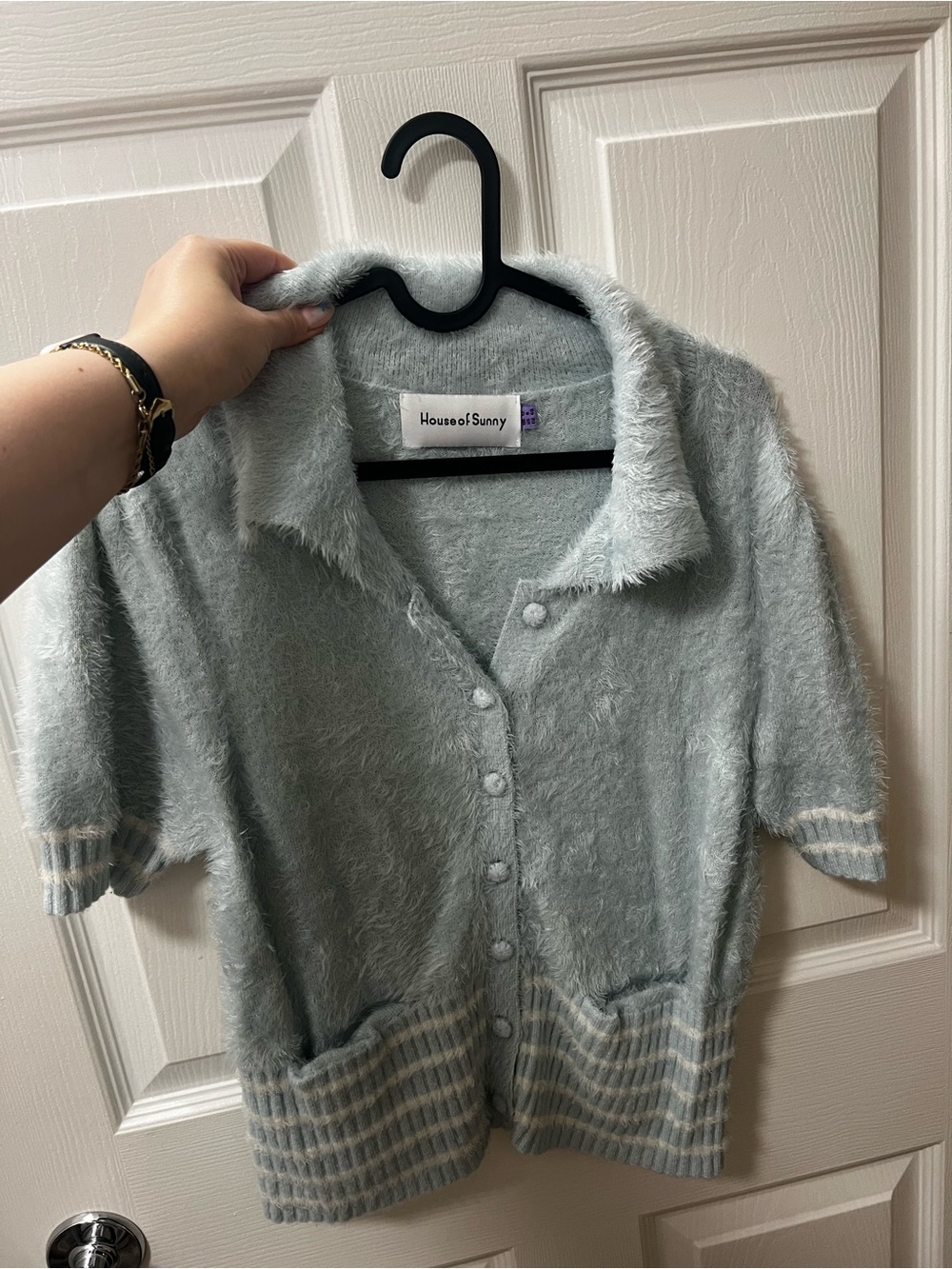 House of Sunny Light blue Fuzzy Button-Up Short Sleeve Sweater